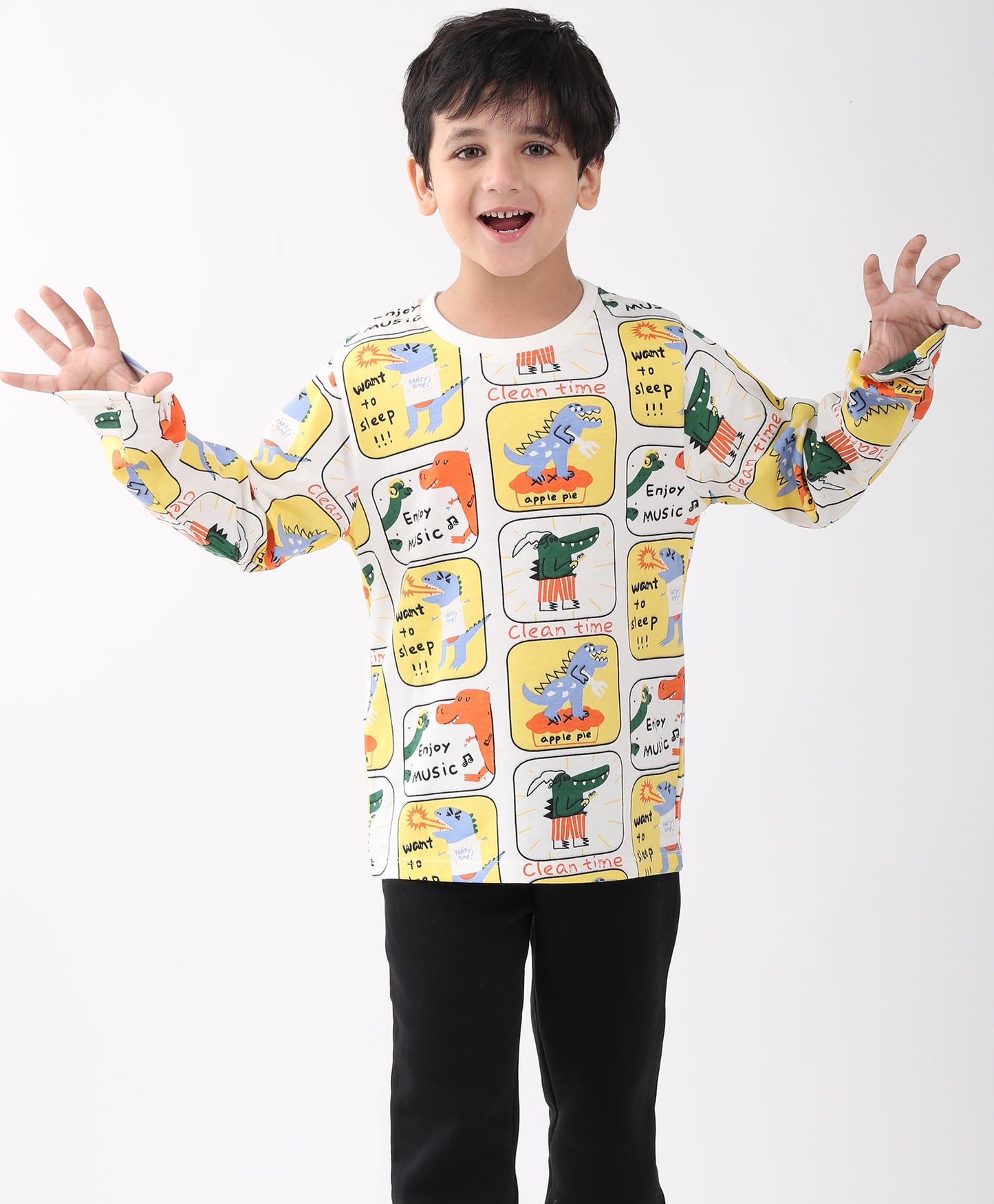 DINOSAUR STAMP LONG SLEEVE BOYS T-SHIRT -OFF WHITE