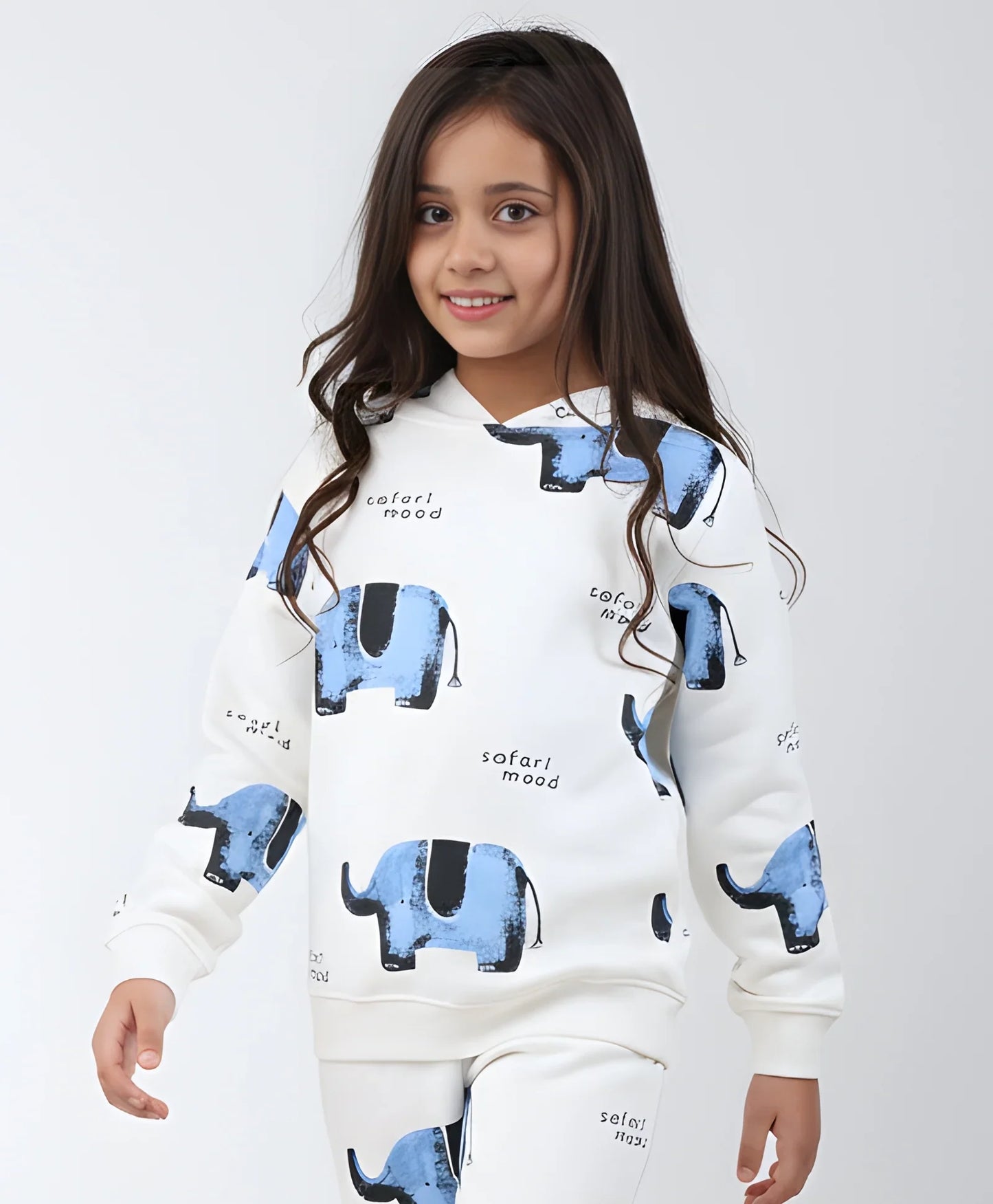ELEPHANT SAFARI GIRLS FLEECE HOODIE - WHITE