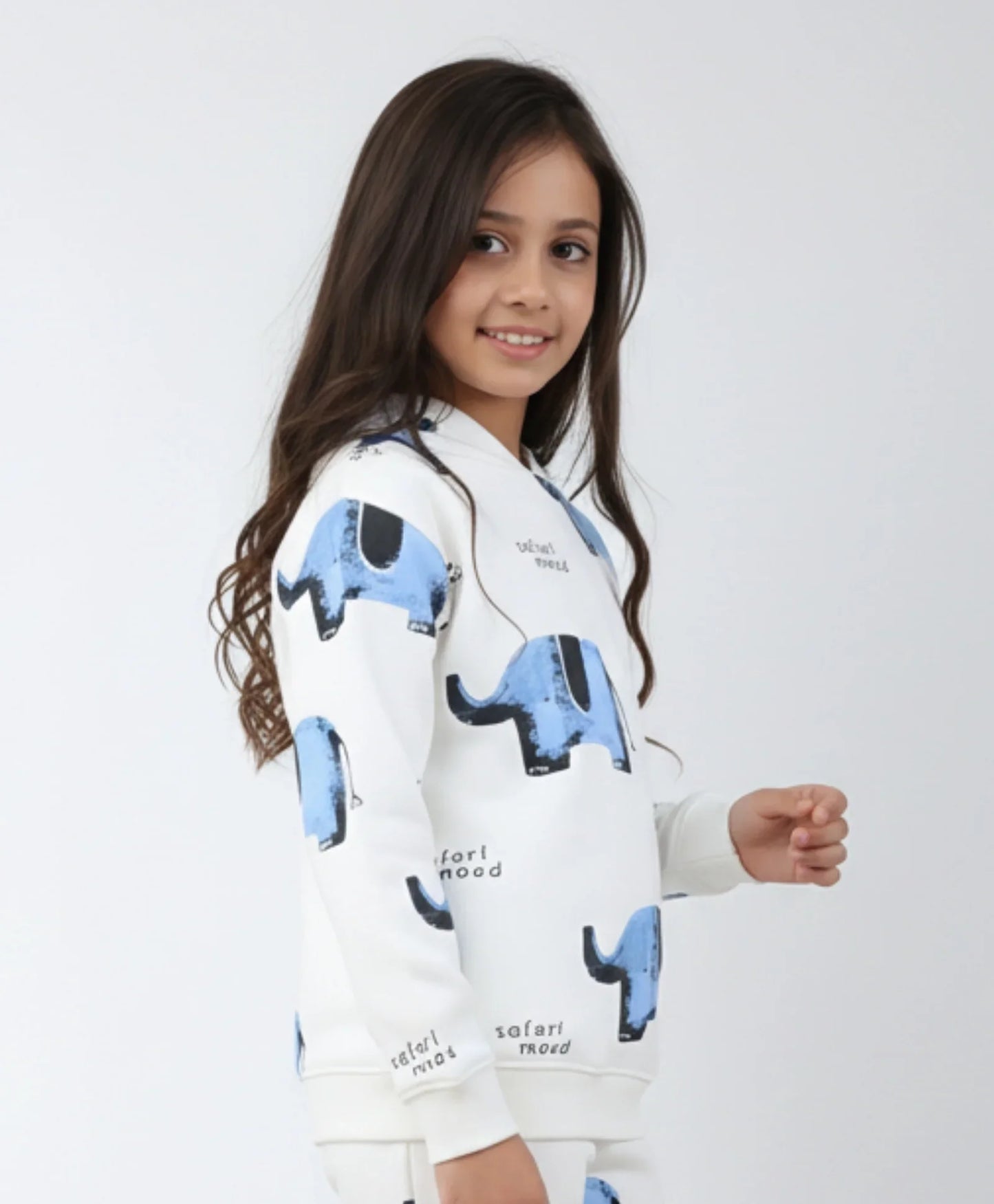 ELEPHANT SAFARI GIRLS FLEECE HOODIE - WHITE