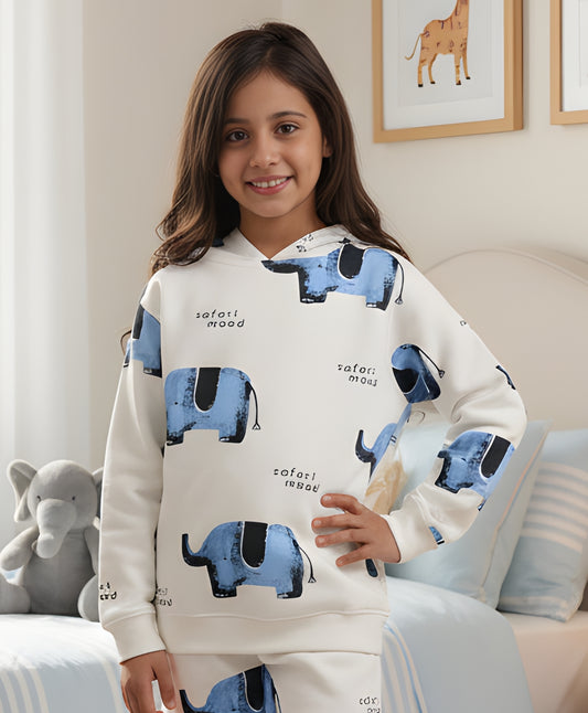 ELEPHANT SAFARI GIRLS FLEECE HOODIE - WHITE