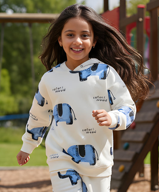 ELEPHANT SAFARI GIRLS FLEECE HOODIE - WHITE