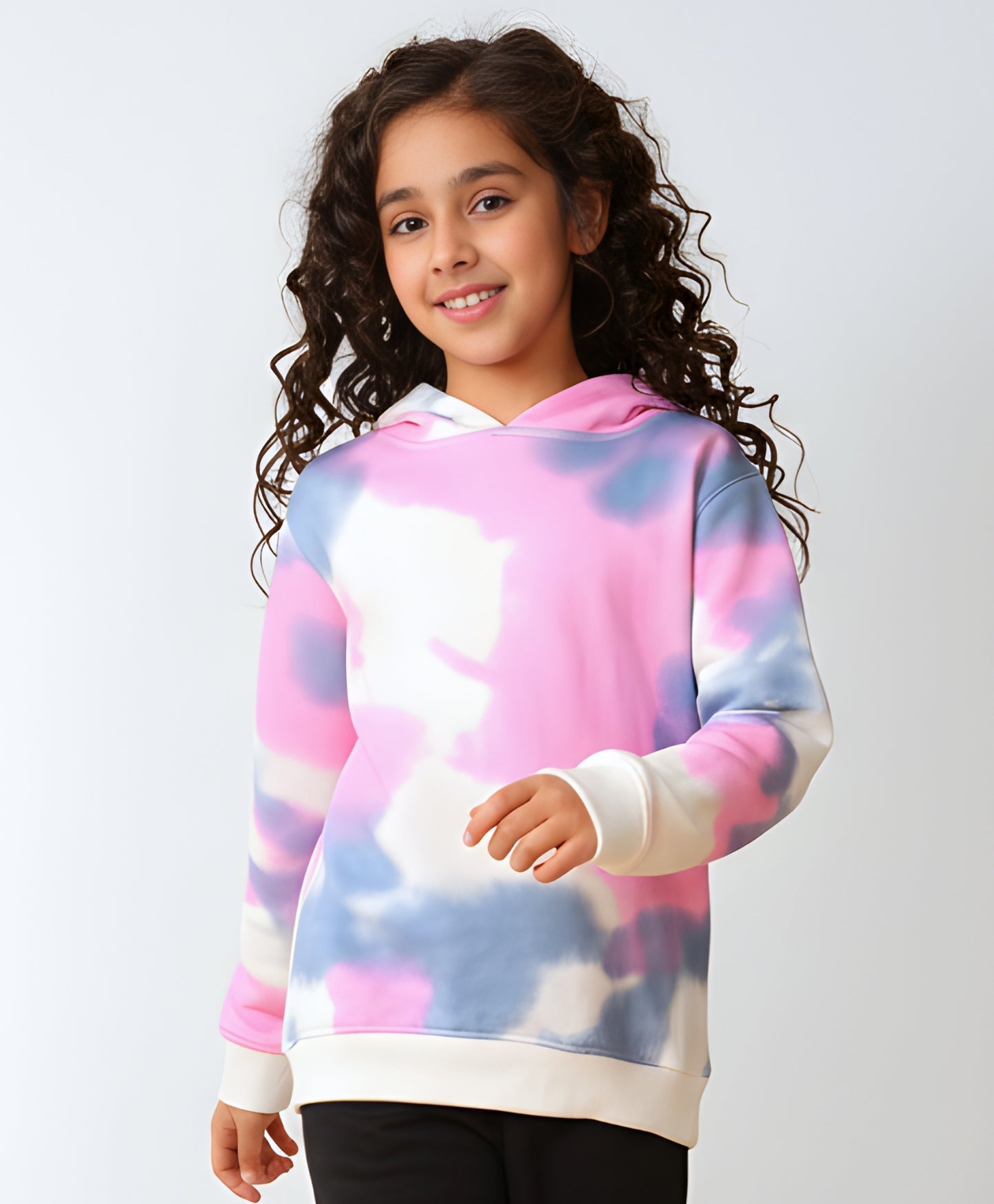 BLUE PINK TIE DYE GIRLS FLEECE HOODIE - WHITE