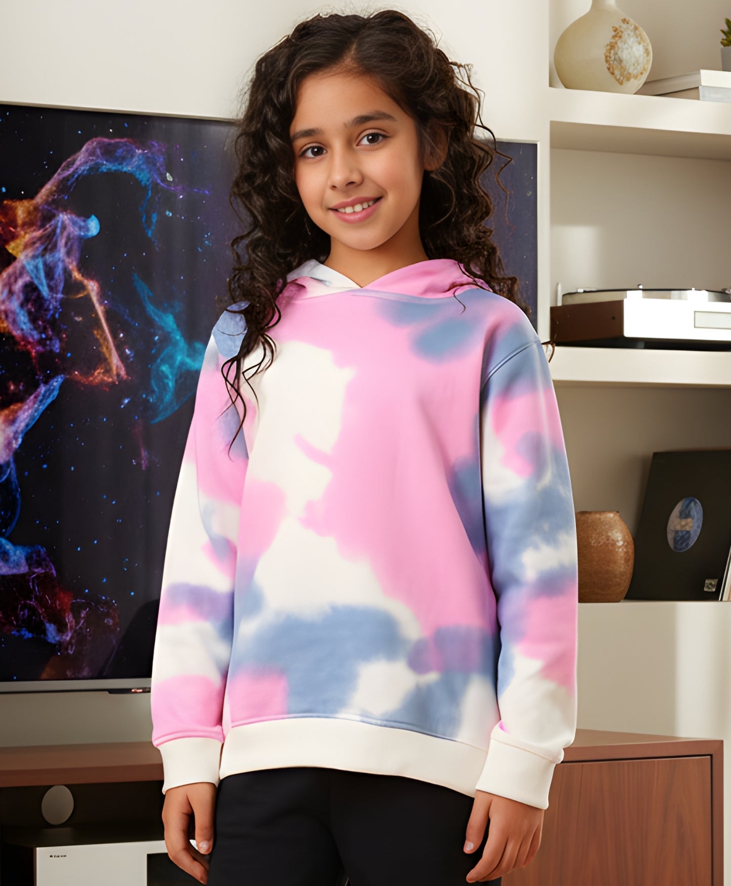 BLUE PINK TIE DYE GIRLS FLEECE HOODIE - WHITE