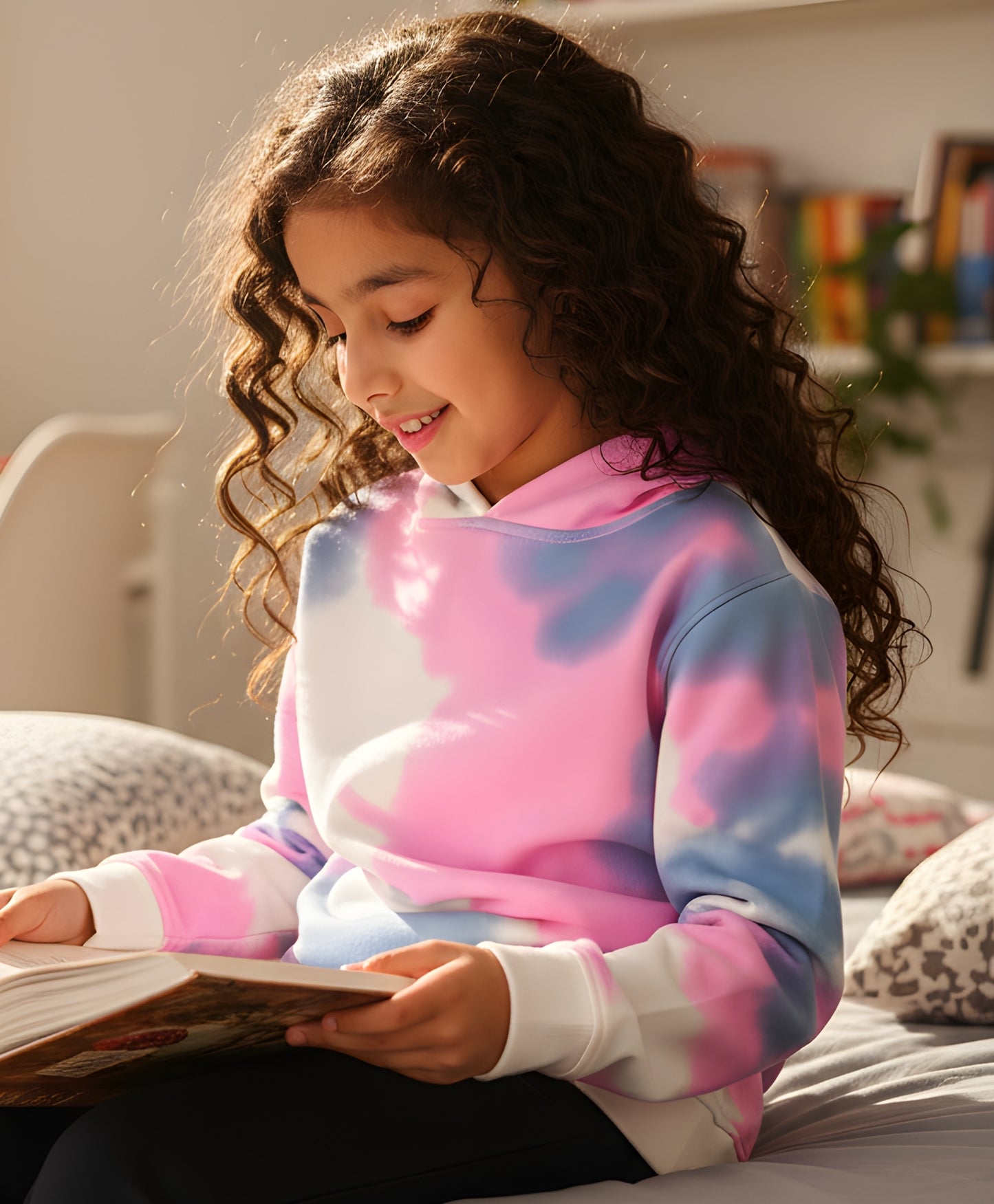 BLUE PINK TIE DYE GIRLS FLEECE HOODIE - WHITE