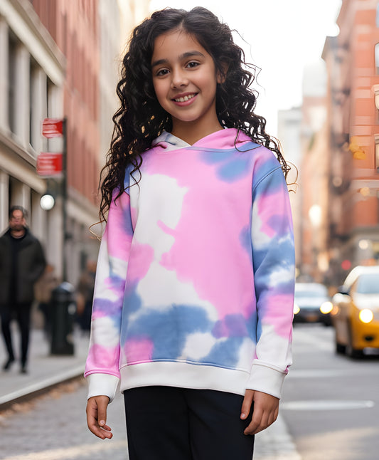 BLUE PINK TIE DYE GIRLS FLEECE HOODIE - WHITE