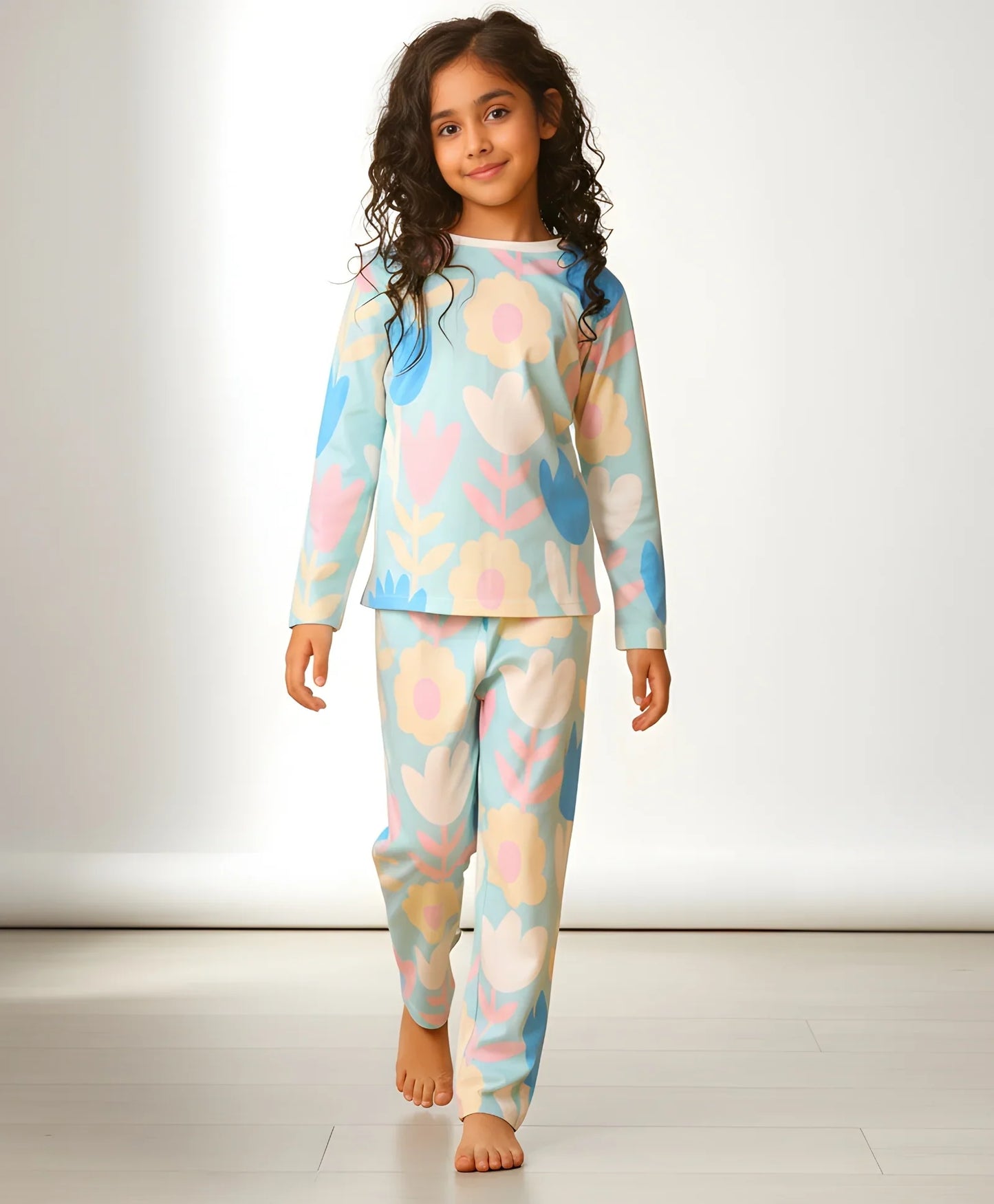 AQUA FLOWER GIRLS LONG SLEEVE PYJAMA SET - AQUA