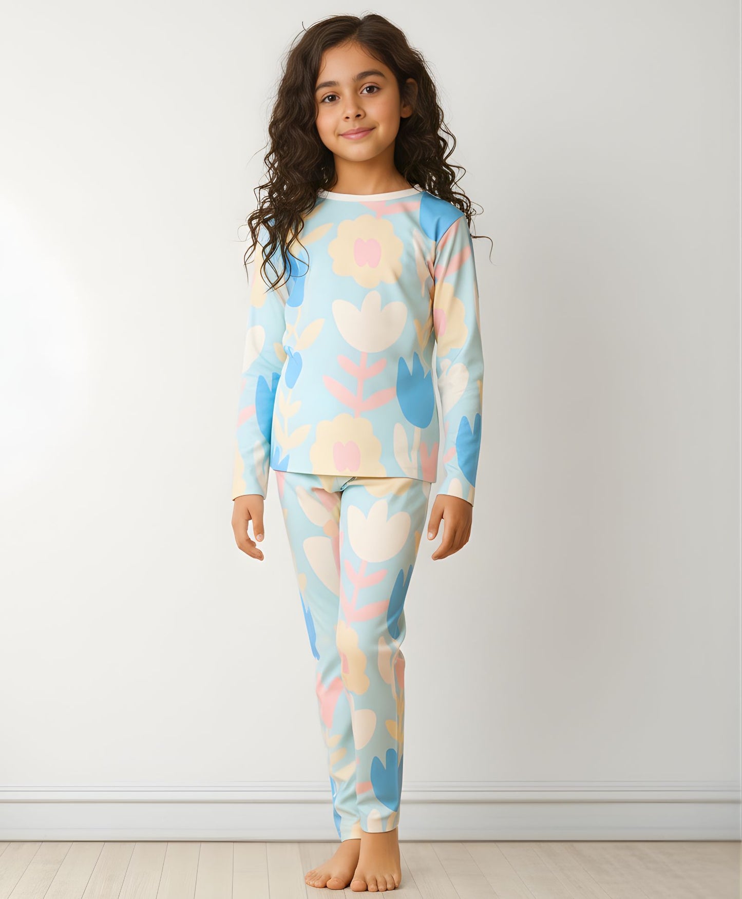 AQUA FLOWER GIRLS LONG SLEEVE PYJAMA SET - AQUA - Anthrilo 