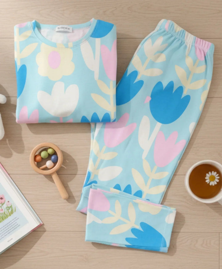 AQUA FLOWER GIRLS LONG SLEEVE PYJAMA SET - AQUA - Anthrilo 