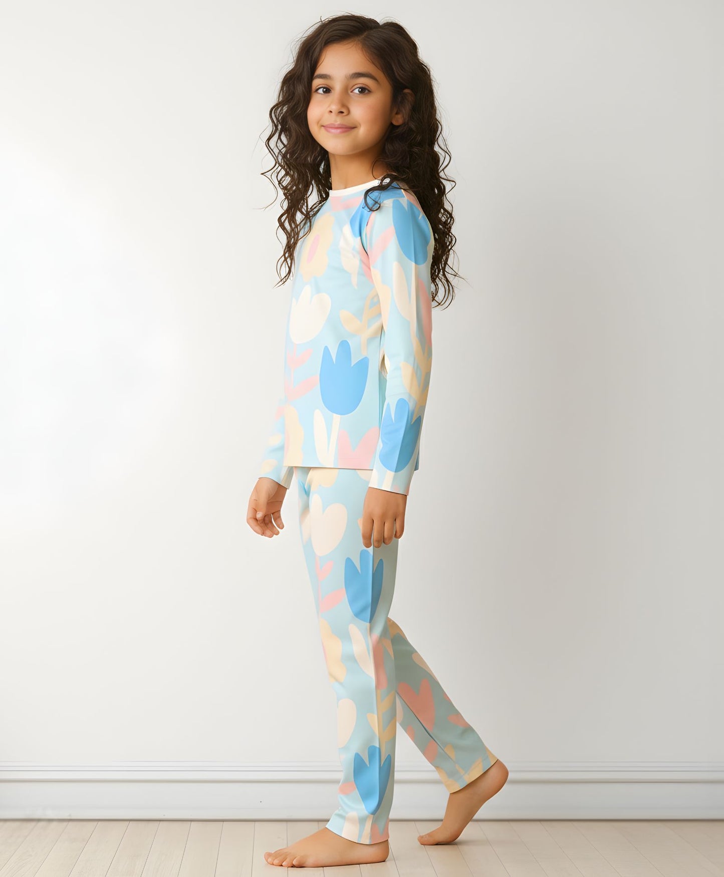 AQUA FLOWER GIRLS LONG SLEEVE PYJAMA SET - AQUA - Anthrilo 