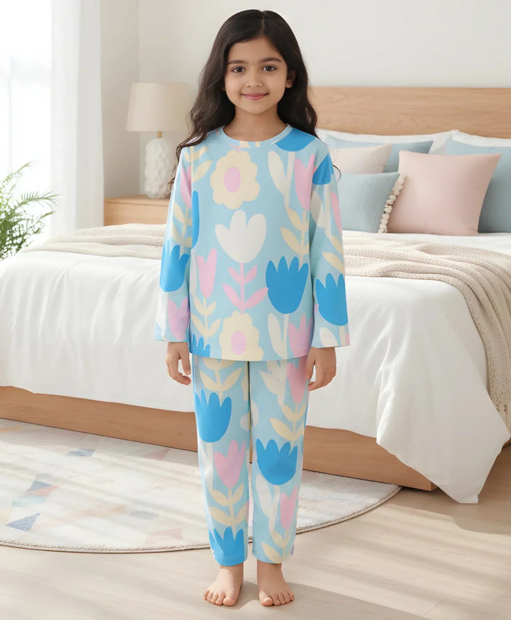 AQUA FLOWER GIRLS LONG SLEEVE PYJAMA SET - AQUA - Anthrilo 