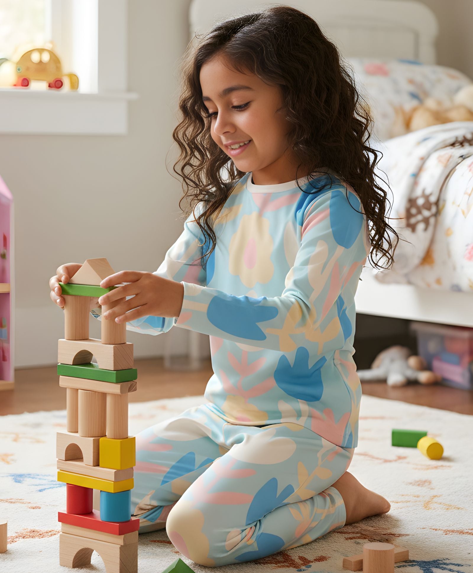 AQUA FLOWER GIRLS LONG SLEEVE PYJAMA SET - AQUA - Anthrilo 