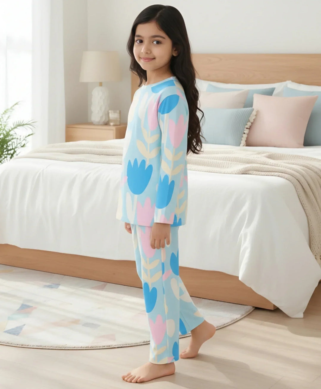 AQUA FLOWER GIRLS LONG SLEEVE PYJAMA SET - AQUA - Anthrilo 