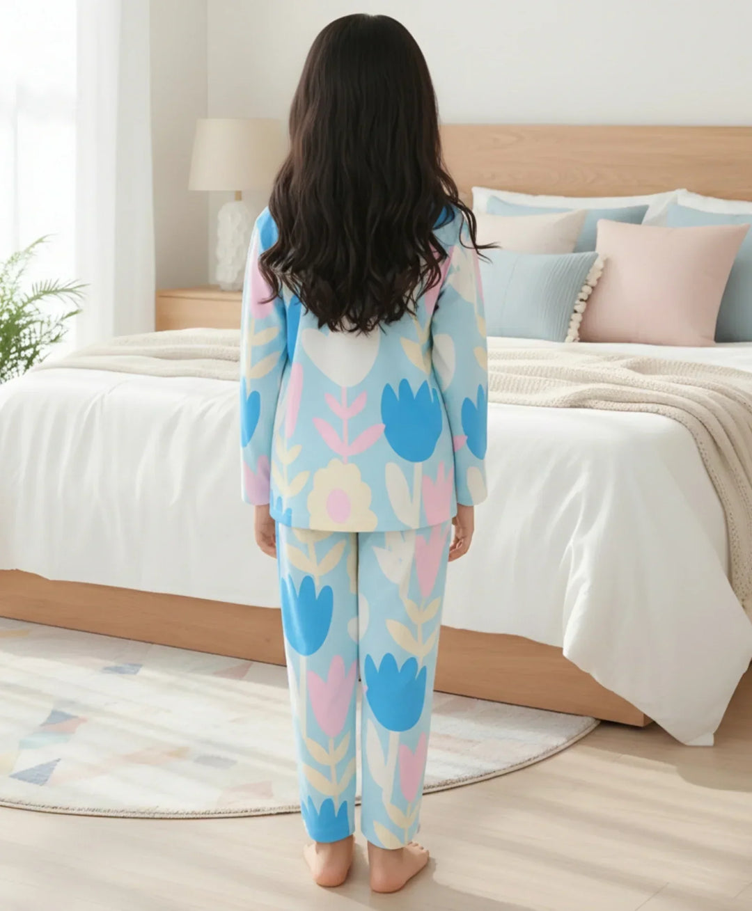 AQUA FLOWER GIRLS LONG SLEEVE PYJAMA SET - AQUA - Anthrilo 