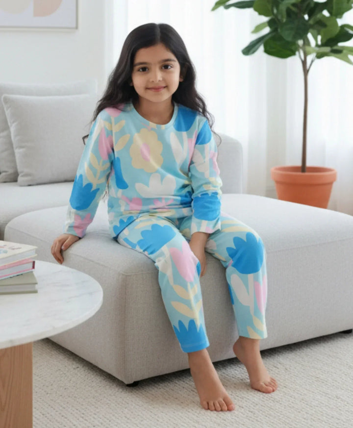 AQUA FLOWER GIRLS LONG SLEEVE PYJAMA SET - AQUA - Anthrilo 