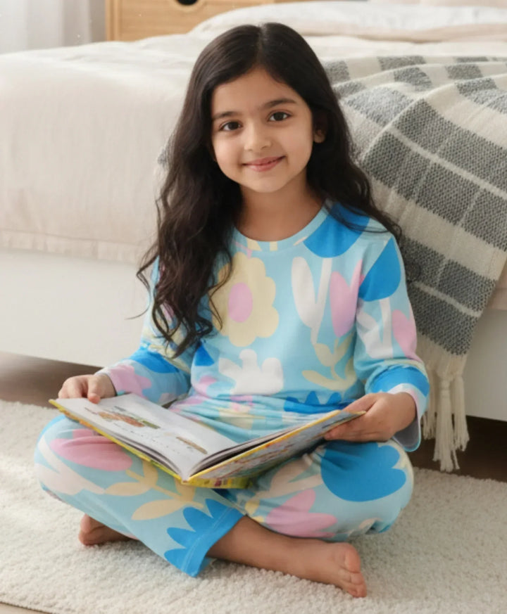 AQUA FLOWER GIRLS LONG SLEEVE PYJAMA SET - AQUA - Anthrilo 