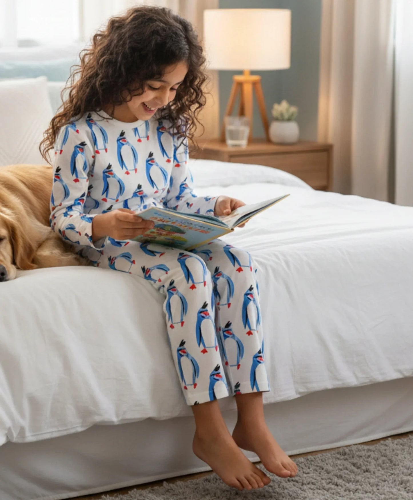 PENGUIN PRINT GIRLS LONG SLEEVE PYJAMA SET - WHITE