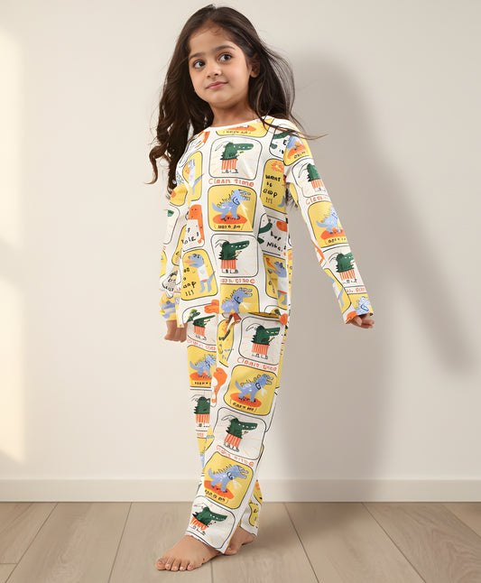 DINOSAUR STAMP GILRS LONG SLEEVE PYJAMA SET - WHITE