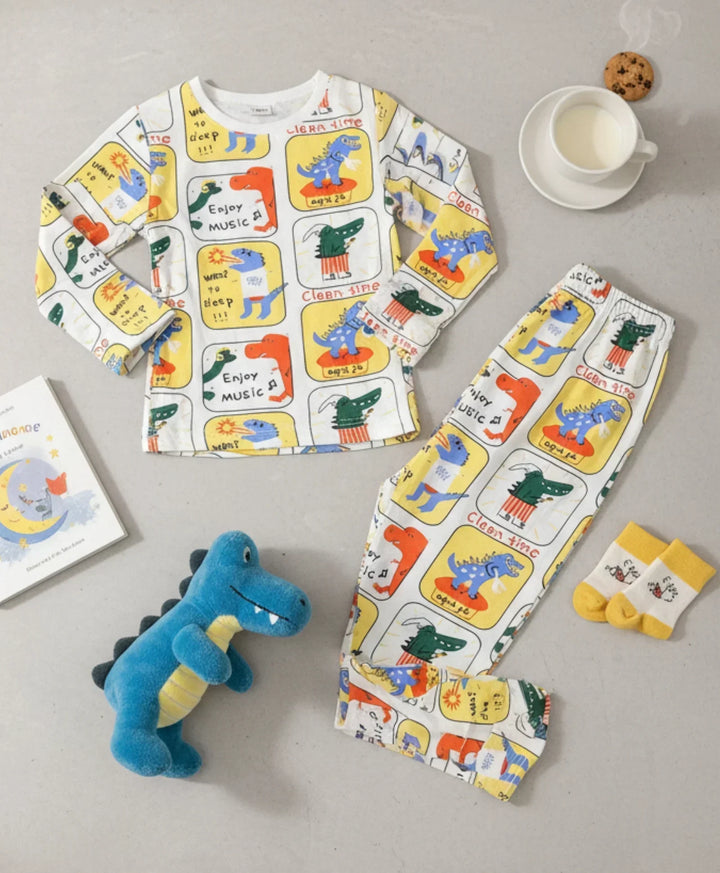 DINOSAUR STAMP GILRS LONG SLEEVE PYJAMA SET - WHITE - Anthrilo 