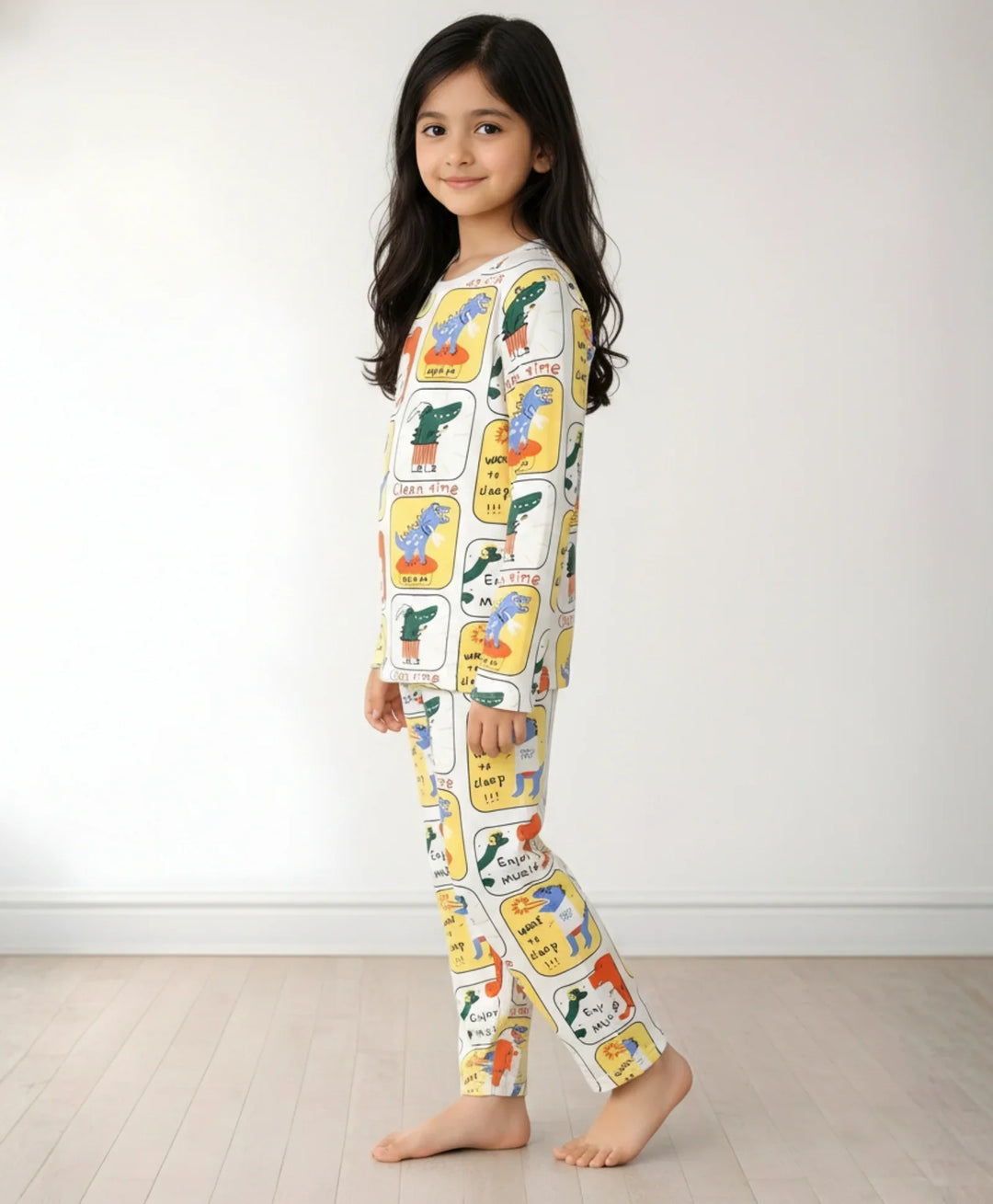 Dinosaur Stamp Long Sleeve Pyjama Set -White