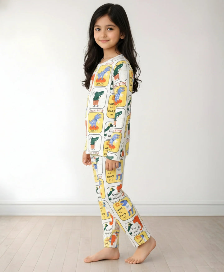 Dinosaur Stamp Long Sleeve Pyjama Set -White