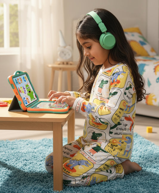 DINOSAUR STAMP GILRS LONG SLEEVE PYJAMA SET - WHITE