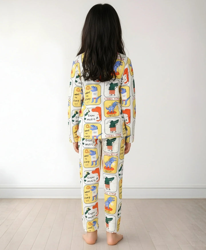 Dinosaur Stamp Long Sleeve Pyjama Set -White