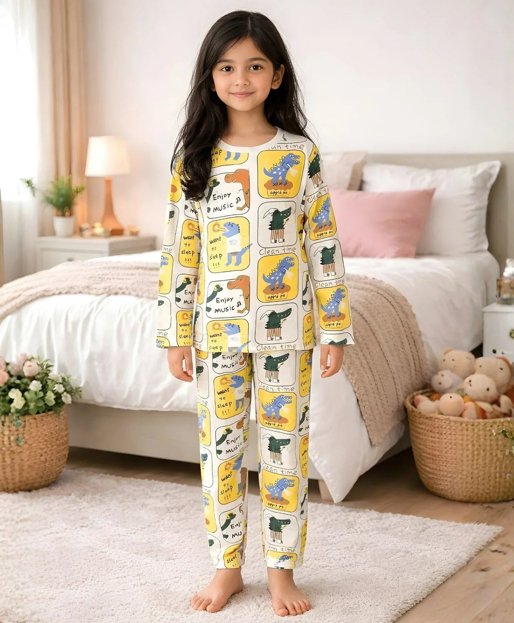 DINOSAUR STAMP GILRS LONG SLEEVE PYJAMA SET - WHITE - Anthrilo 