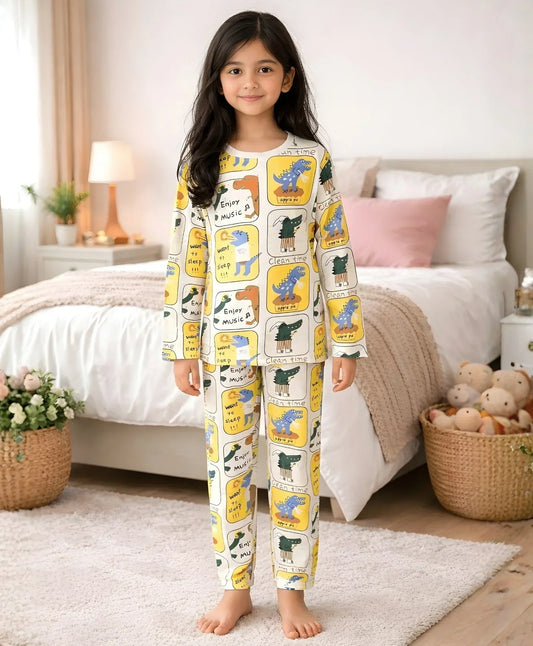 DINOSAUR STAMP GILRS LONG SLEEVE PYJAMA SET - WHITE - Anthrilo 