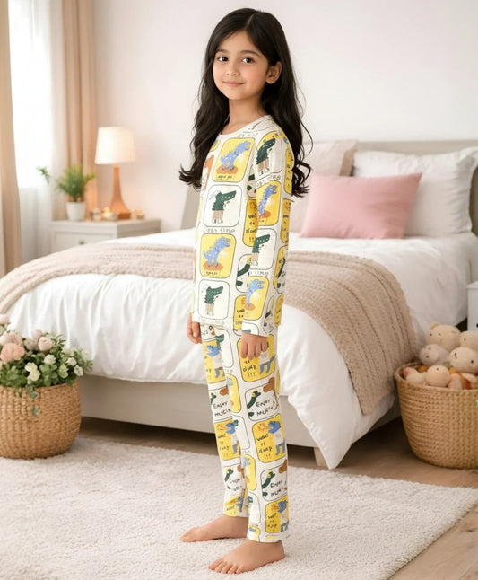 DINOSAUR STAMP GILRS LONG SLEEVE PYJAMA SET - WHITE - Anthrilo 