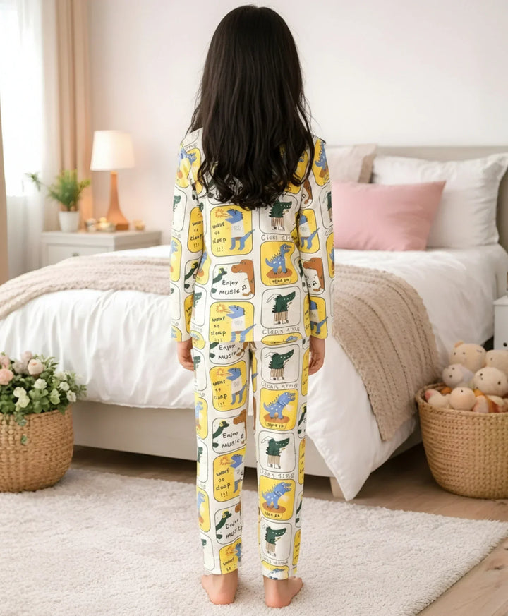 DINOSAUR STAMP GILRS LONG SLEEVE PYJAMA SET - WHITE - Anthrilo 