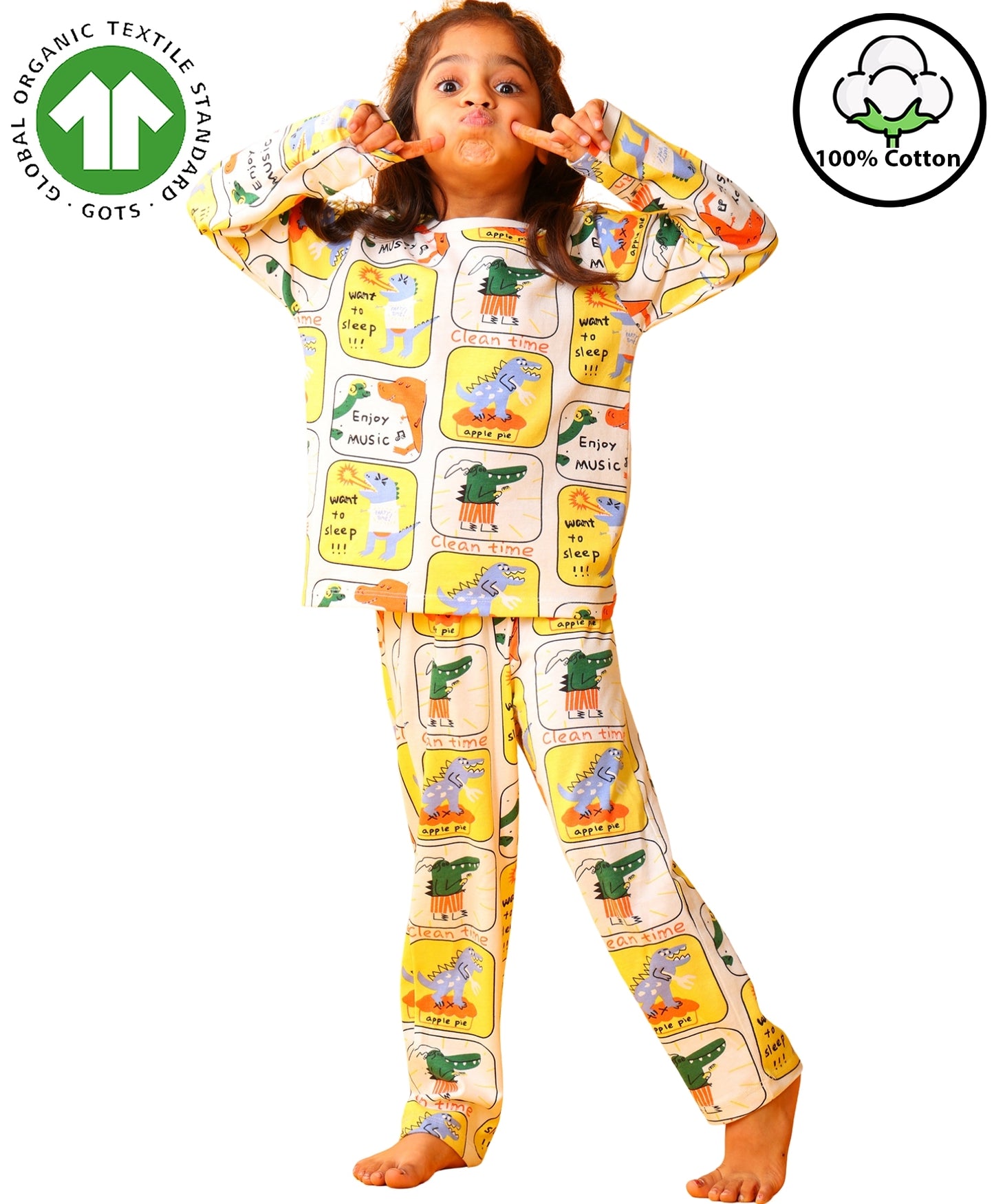 DINOSAUR STAMP GILRS LONG SLEEVE PYJAMA SET - WHITE