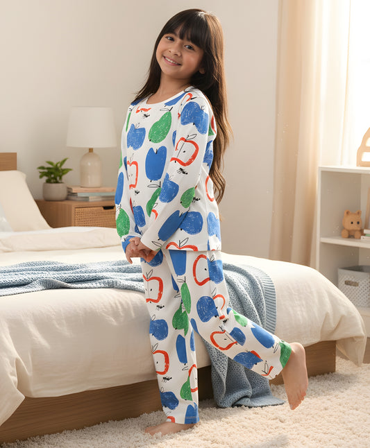 APPLE PEAR GIRLS LONG SLEEVE PYJAMA SET - WHITE