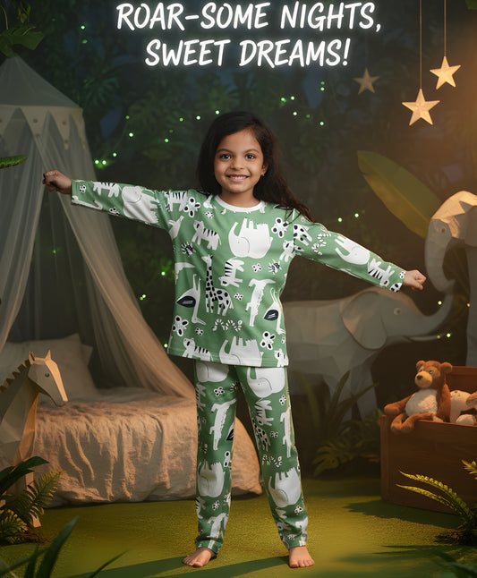 ANIMAL GREEN GIRLS LONG SLEEVE PYJAMA SET - GREEN
