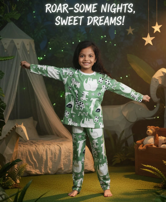 ANIMAL GREEN GIRLS LONG SLEEVE PYJAMA SET - GREEN