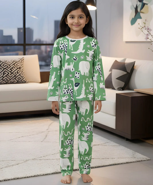 ANIMAL GREEN GIRLS LONG SLEEVE PYJAMA SET - GREEN - Anthrilo 
