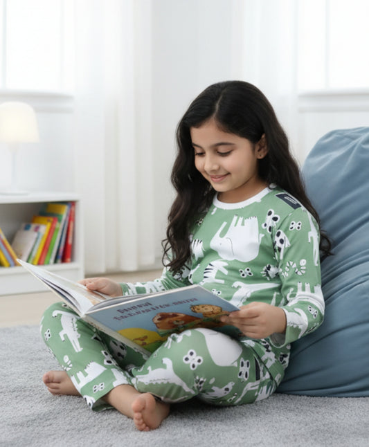 ANIMAL GREEN GIRLS LONG SLEEVE PYJAMA SET - GREEN