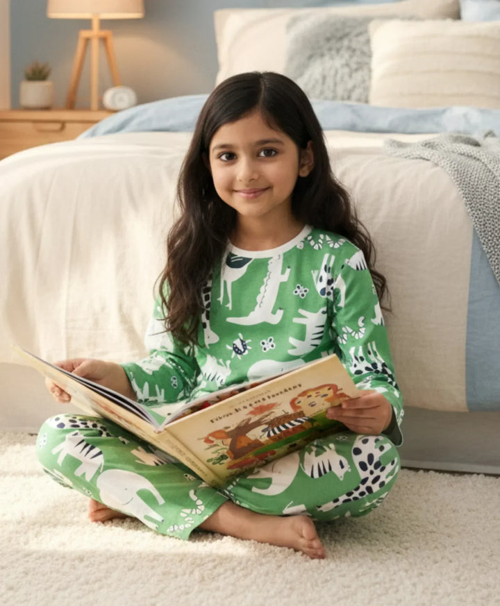 ANIMAL GREEN GIRLS LONG SLEEVE PYJAMA SET - GREEN - Anthrilo 