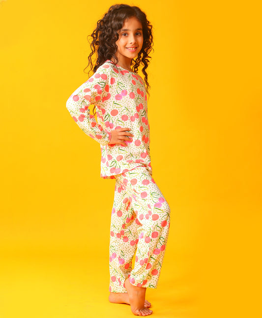 DOTTED CHERRY LONG SLEEVE PYJAMA SET - OFF WHITE