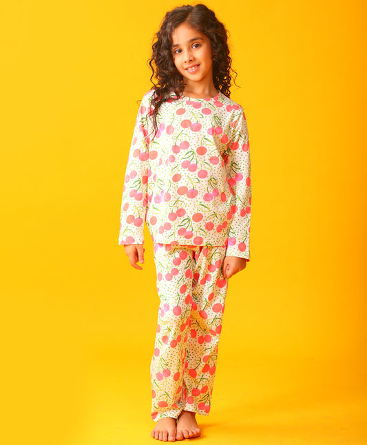 DOTTED CHERRY LONG SLEEVE PYJAMA SET - OFF WHITE