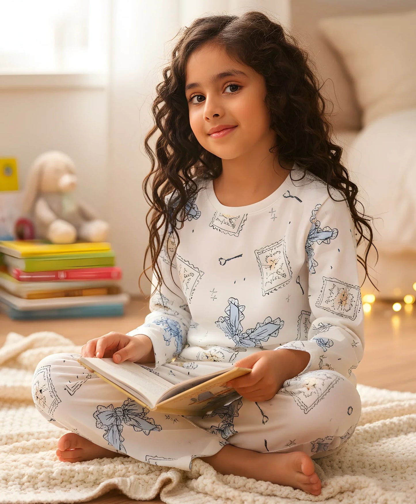 BOW KEY CAT LONG SLEEVE PYJAMA SET - WHITE