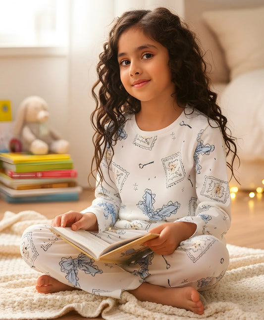 BOW KEY CAT LONG SLEEVE PYJAMA SET - WHITE