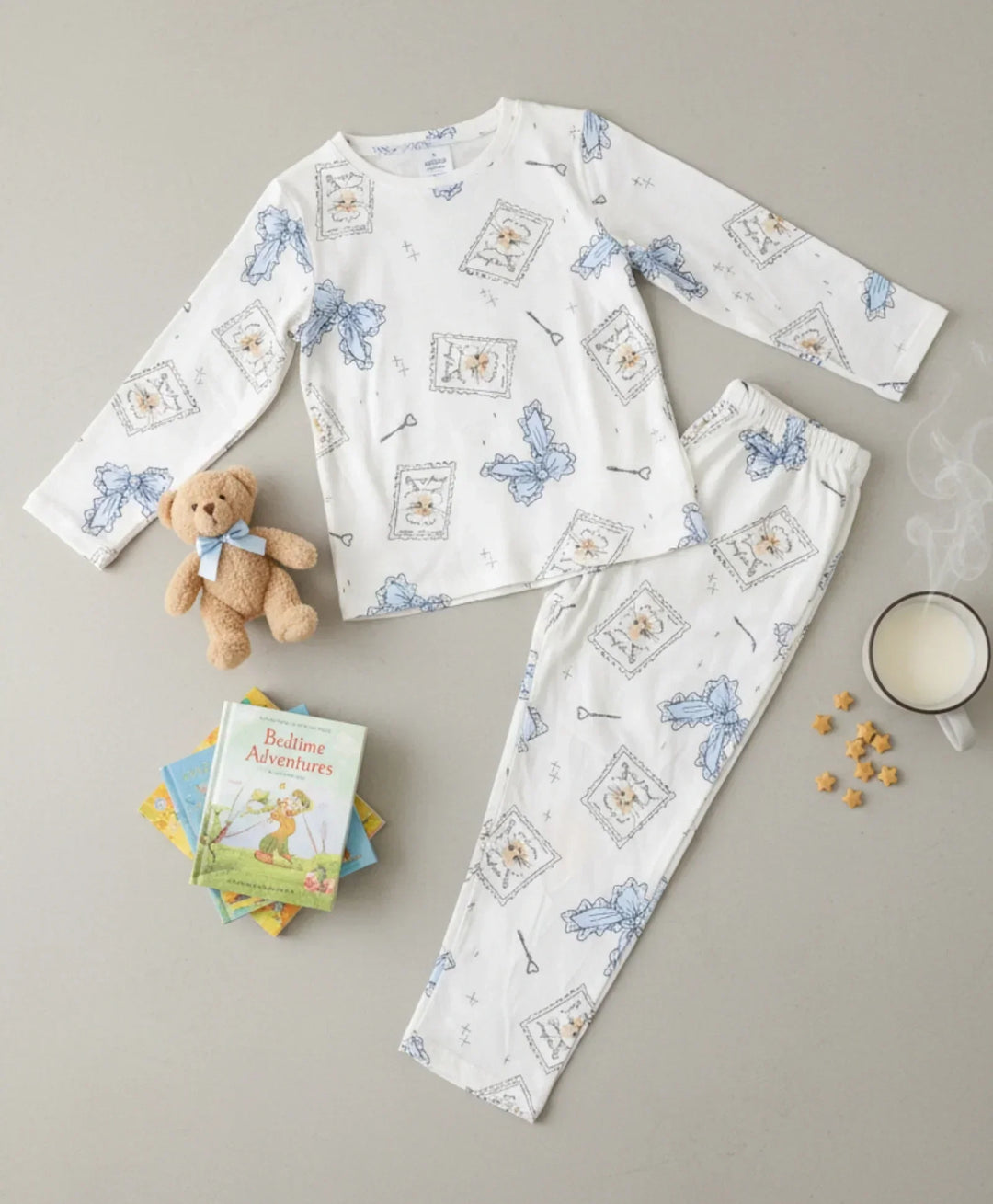 BOW KEY CAT LONG SLEEVE PYJAMA SET - WHITE - Anthrilo 