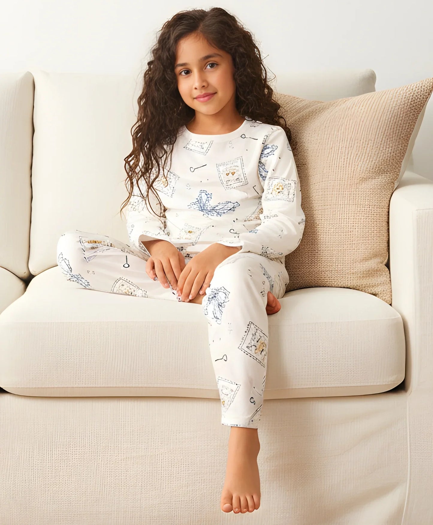 BOW KEY CAT LONG SLEEVE PYJAMA SET - WHITE