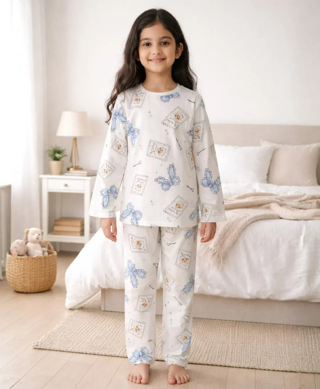 BOW KEY CAT LONG SLEEVE PYJAMA SET - WHITE - Anthrilo 