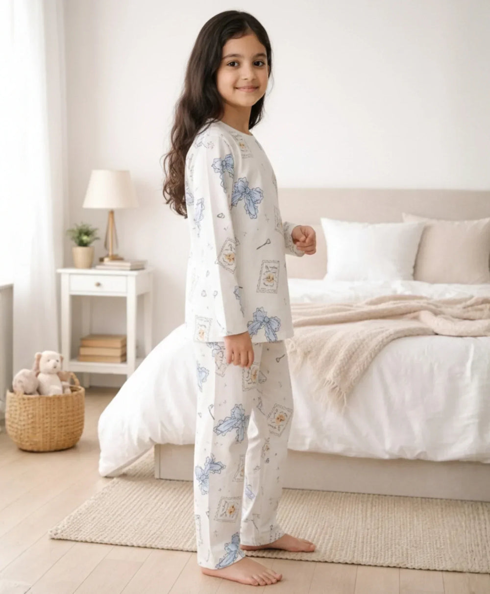 BOW KEY CAT LONG SLEEVE PYJAMA SET - WHITE - Anthrilo 
