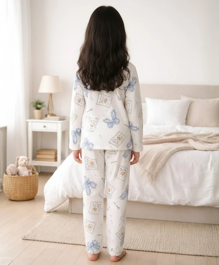 BOW KEY CAT LONG SLEEVE PYJAMA SET - WHITE - Anthrilo 
