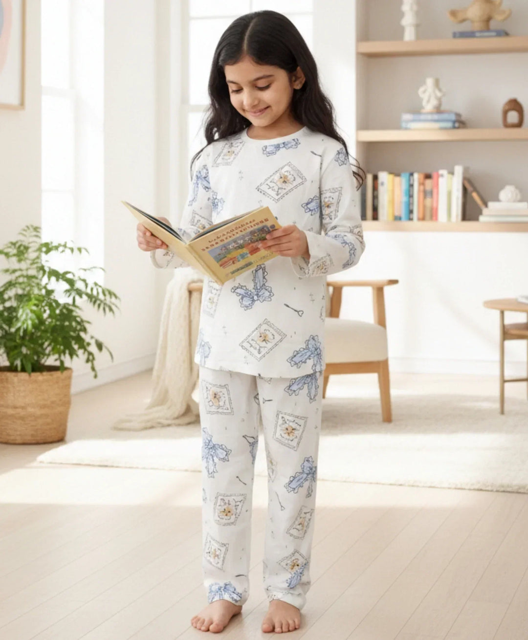 BOW KEY CAT LONG SLEEVE PYJAMA SET - WHITE - Anthrilo 