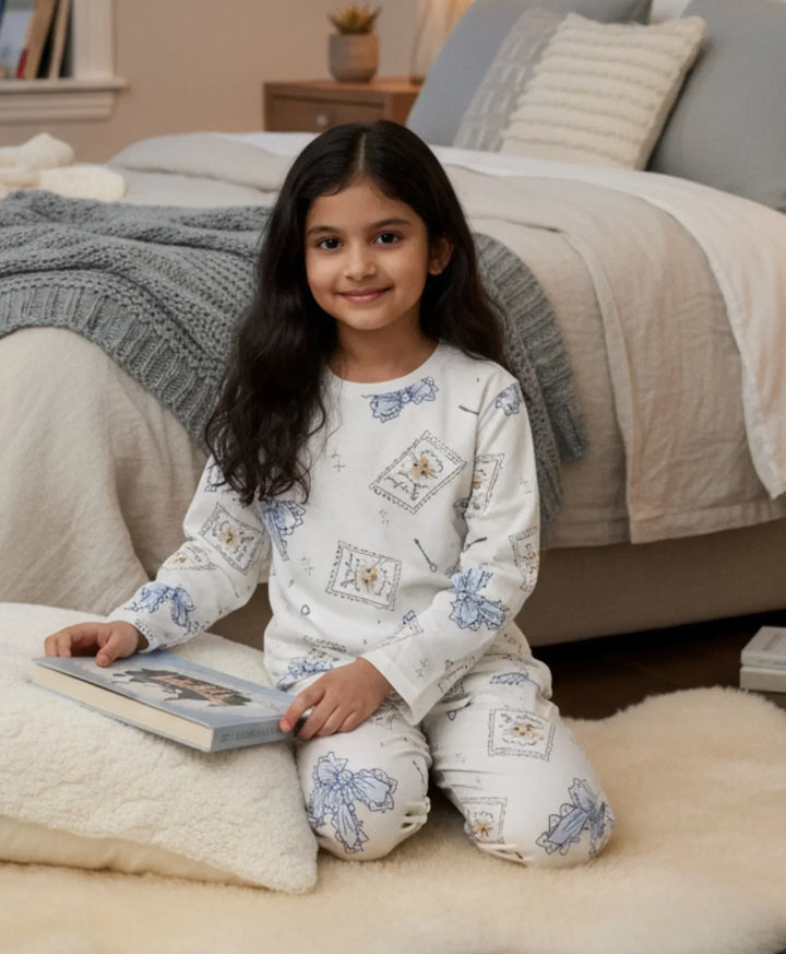 BOW KEY CAT LONG SLEEVE PYJAMA SET - WHITE - Anthrilo 