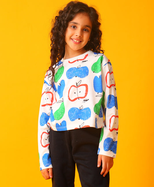 APPLE PEAR LONG SLEEVE GIRLS T-SHIRT - WHITE