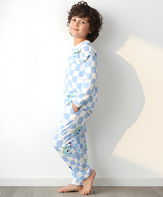 GLOBE CHECK LONG SLEEVE PYJAMA  SET - BLUE